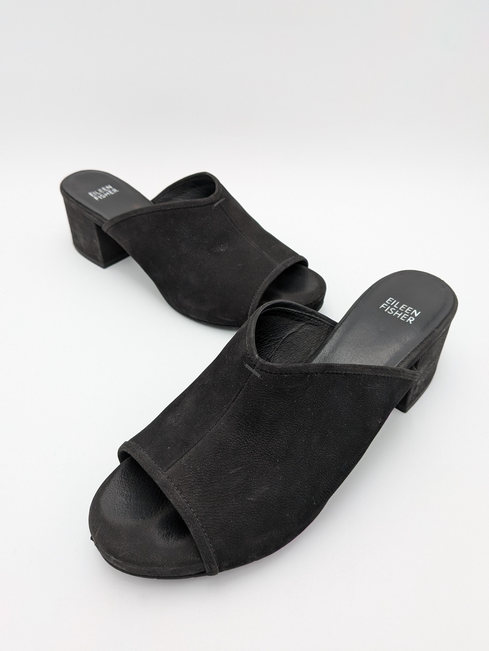 Eileen Fisher  Fala Tumbled Nubuck Open-Toe Block Heel Mules Sz 10